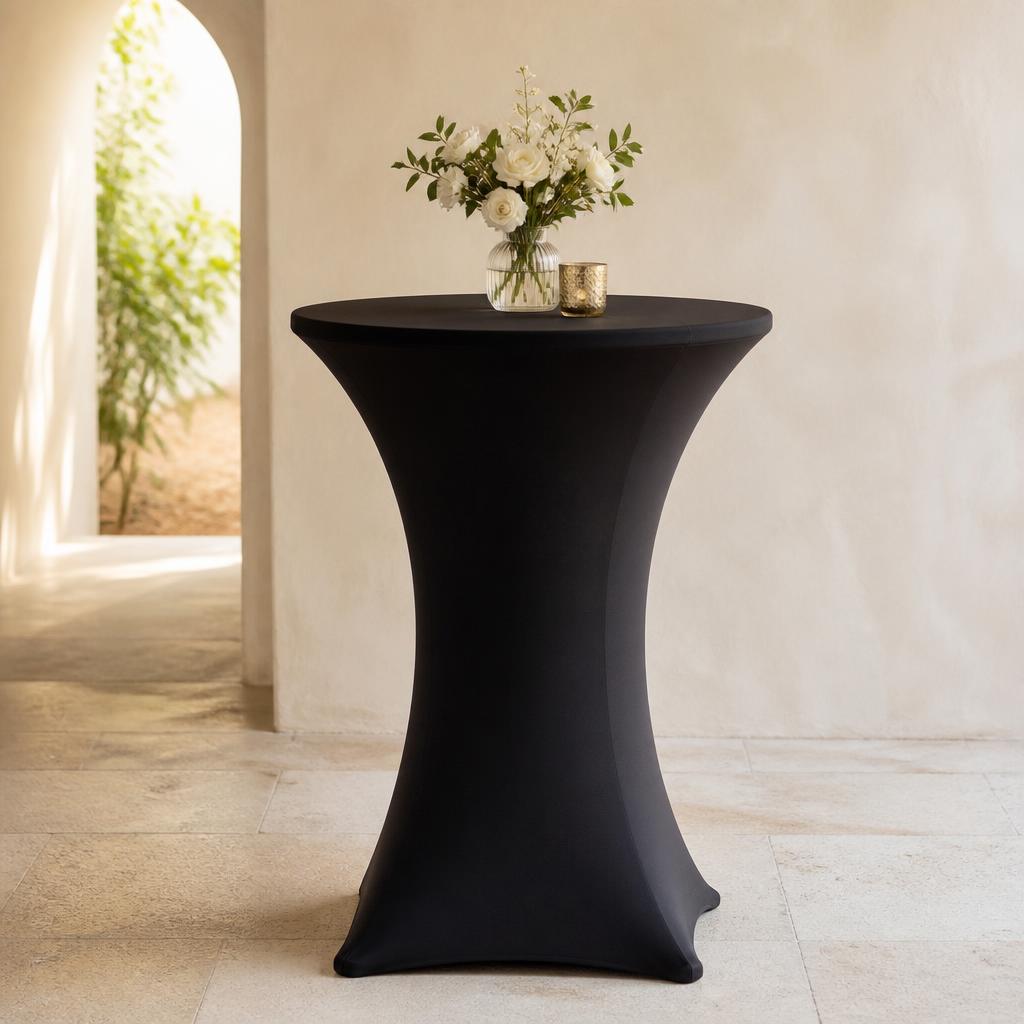 Black stretch cover fitted over a dry bar table